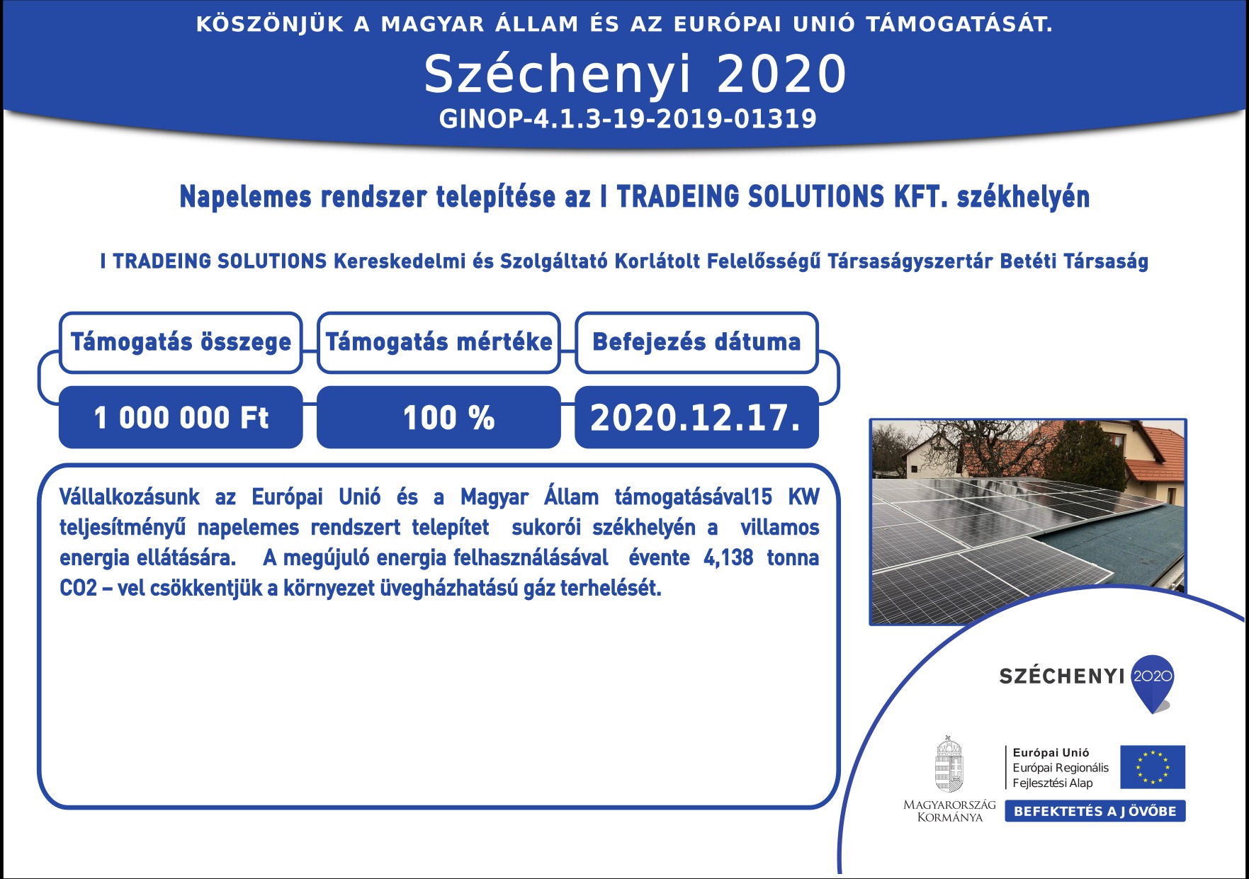 Széchenyi 2020 Napelemes rendszer telepítése
